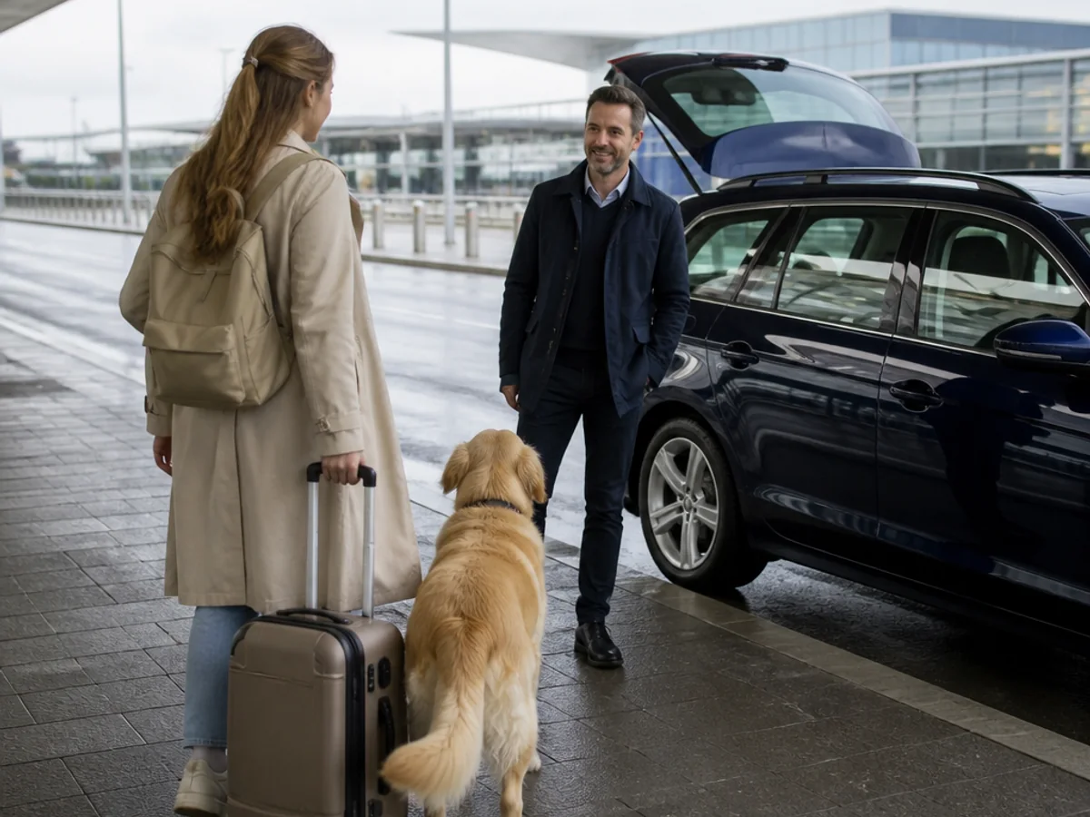 Pet owner with a dog and suitcase beside a car at an airport arrival area