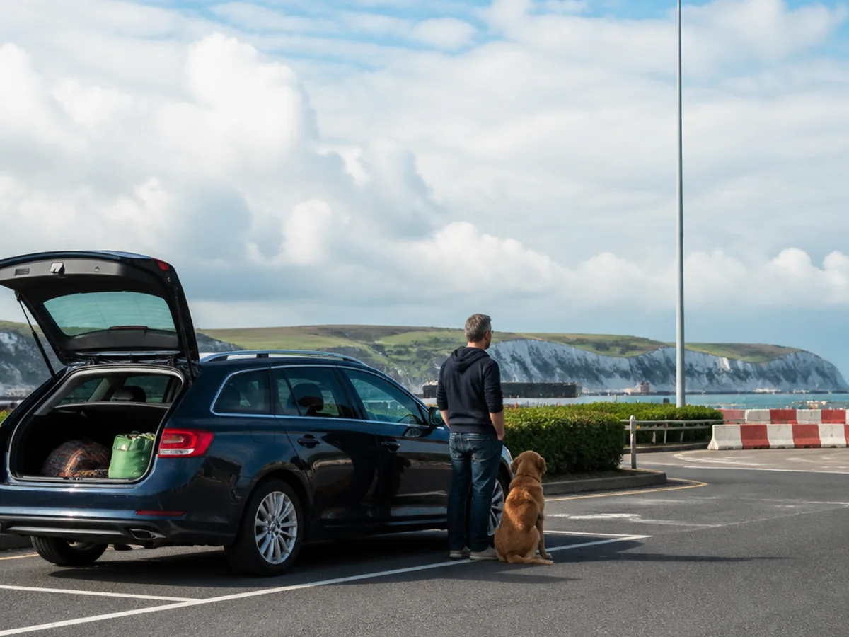 Dog and owner travelling by private pet taxi from Calais to Folkestone via LeShuttle