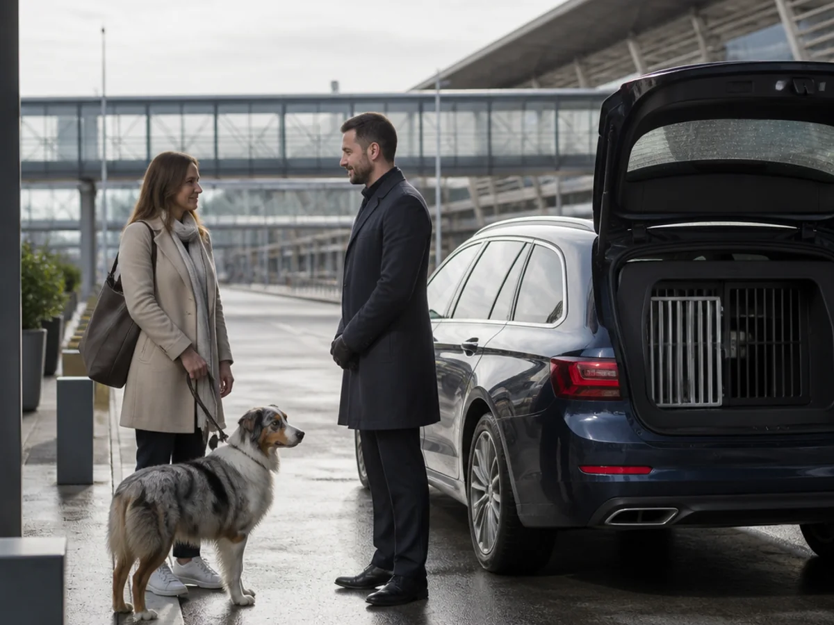 Passenger and dog meeting a private pet taxi at Paris CDG Airport for travel to the UK