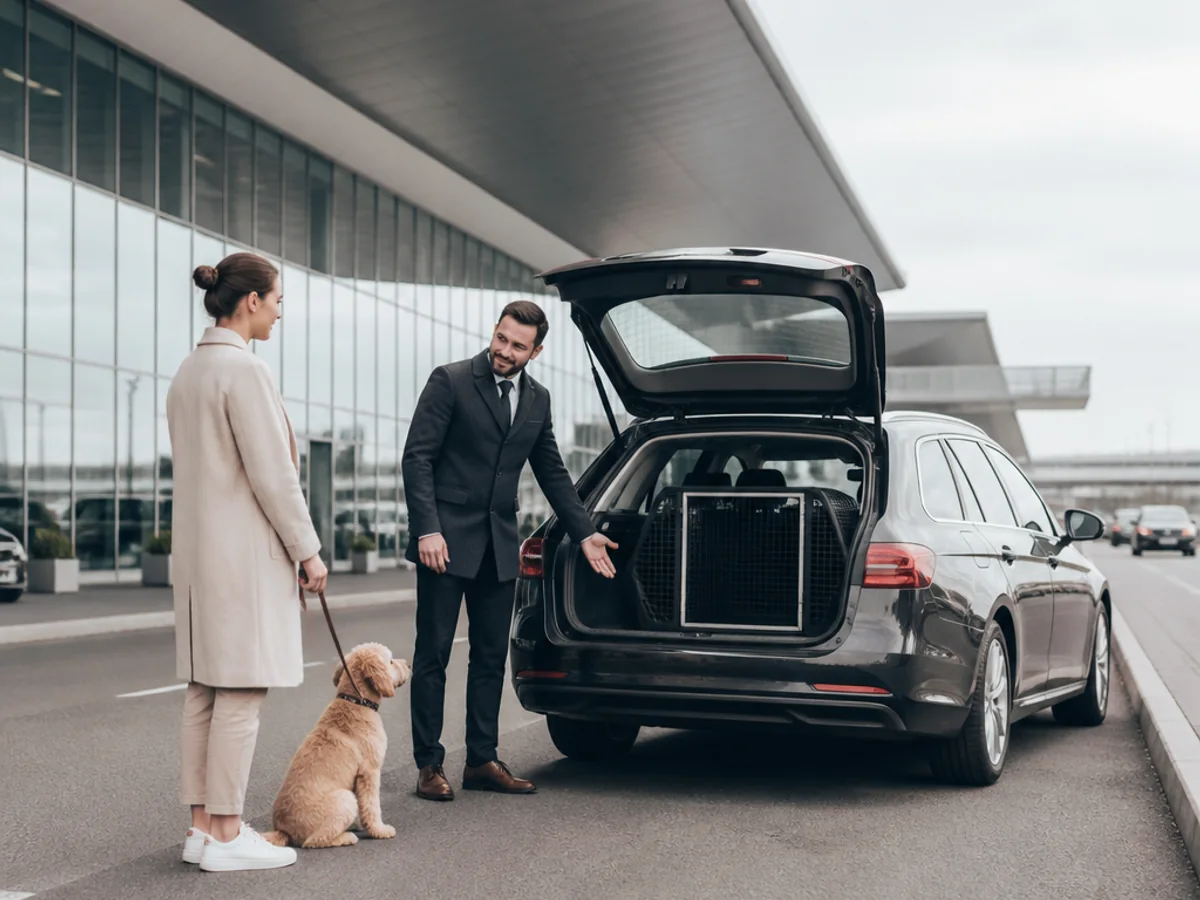 Private pet taxi collecting a passenger and dog from Paris Orly Airport for UK travel