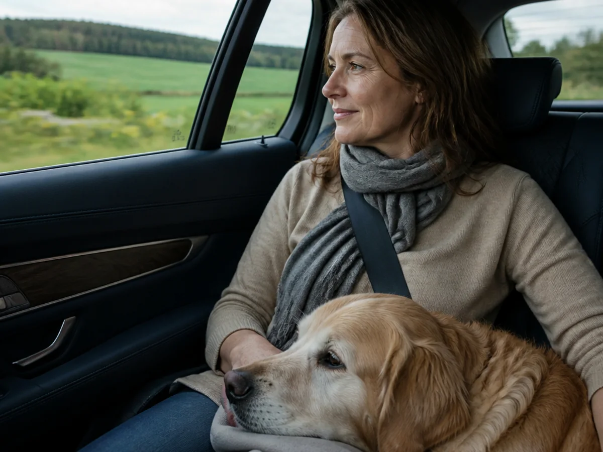 Pet owner travelling in a car with a dog