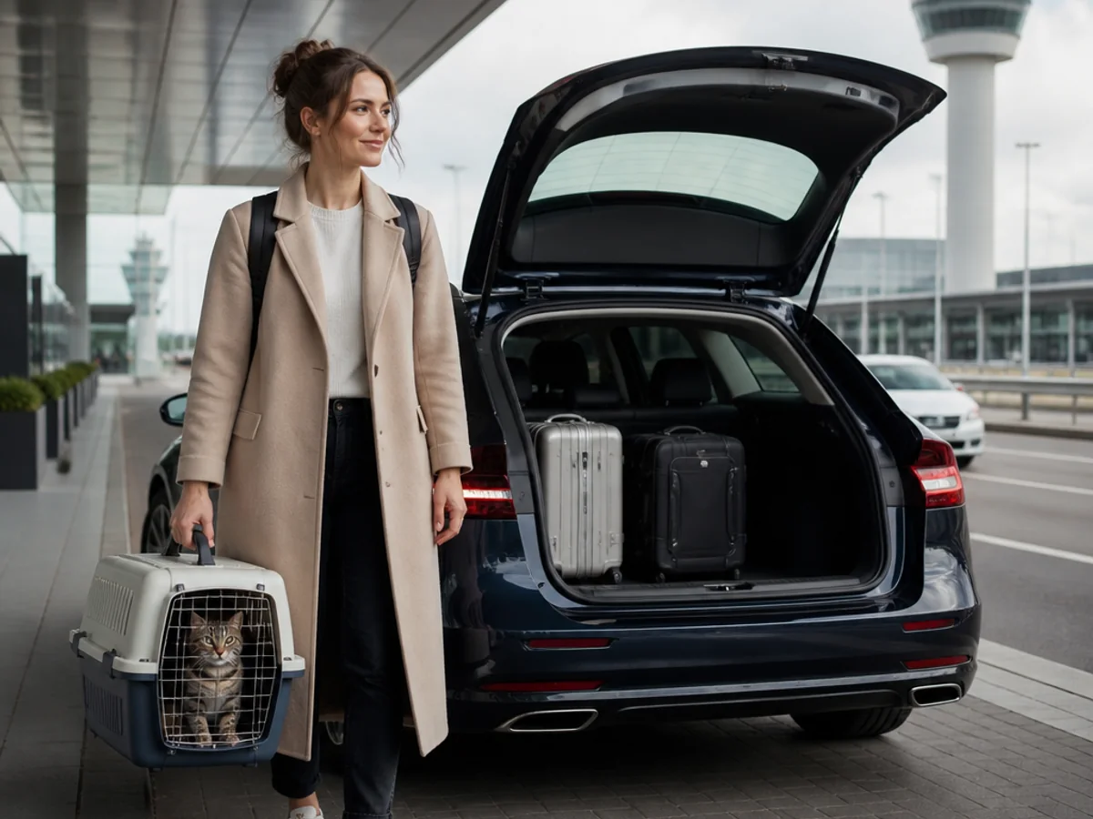 Passenger with a cat carrier and luggage beside a car at an airport