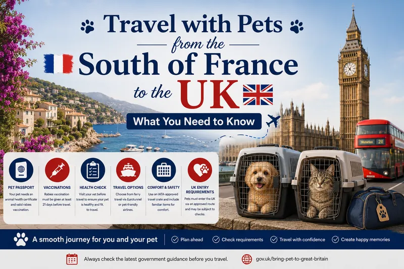 Travel with Pets from the South of France to the UK — dog and cat in carriers with French Riviera and Big Ben background
